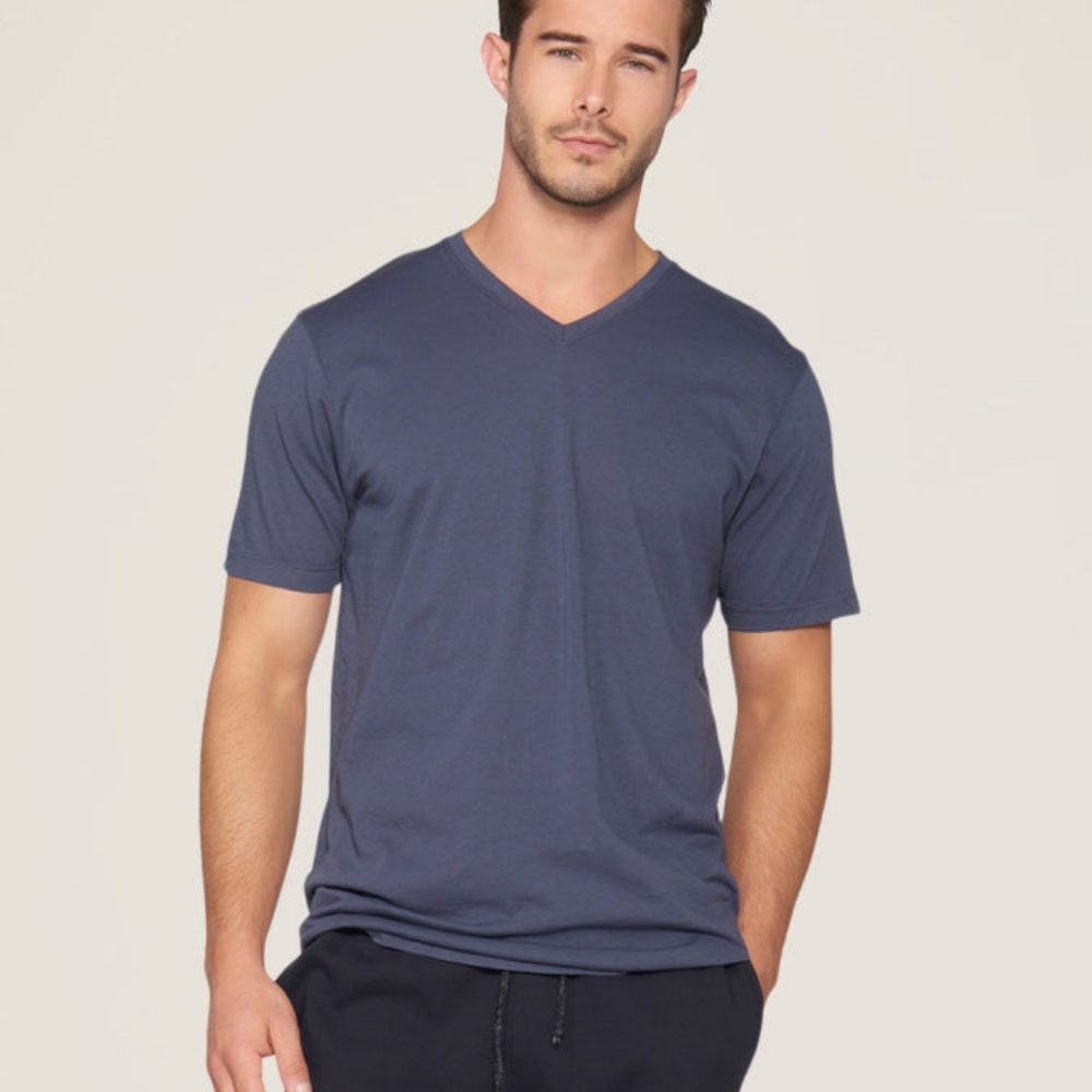 NEW Barefoot Dreams Men's Short Sleeve Washed V-Neck Tee in Zuma Blue